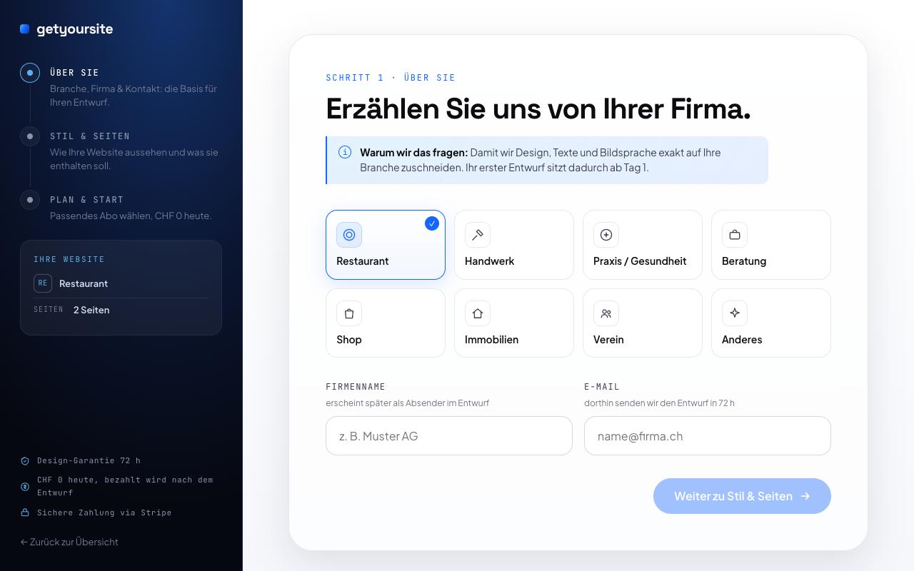 Der getyoursite Wizard: Branche, Stil und Paket in 3 Schritten wählen